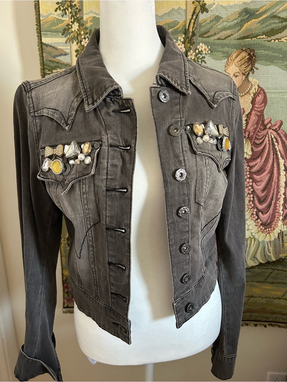 Parasuco Gray Jean Jacket with Jeweled Chest Accents